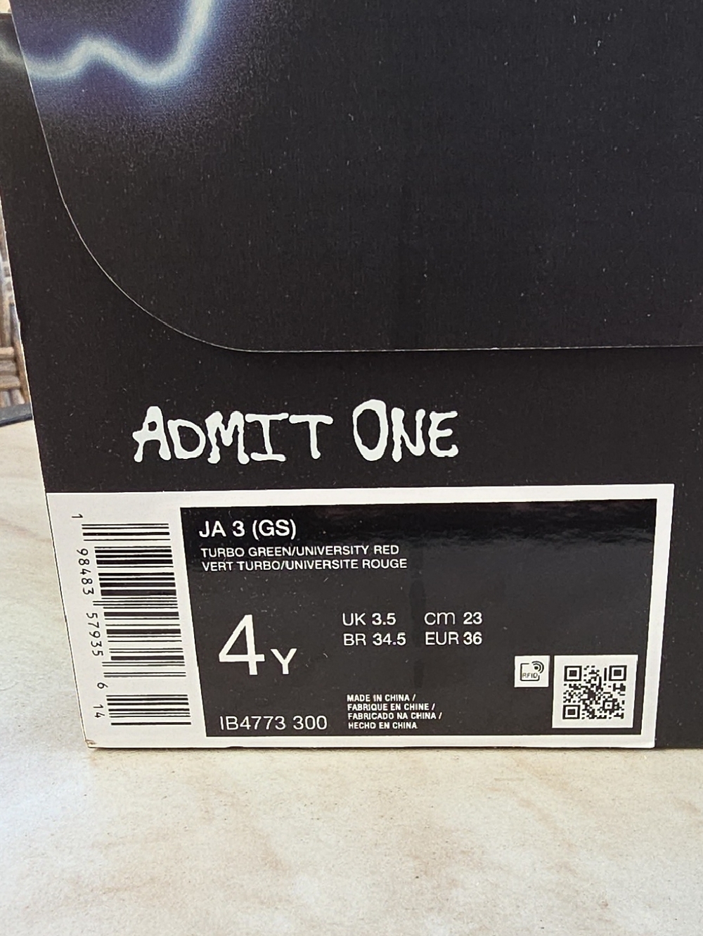 Nike Jordan AJ 3 (GS) Box Label — Turbo Green & University Red (Brand New In Box - Picture 3 of 6